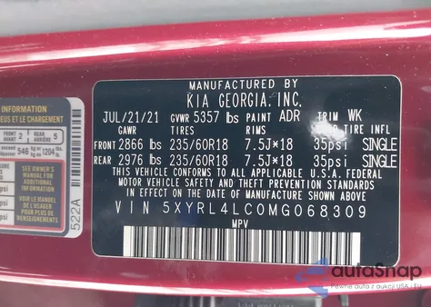 2021 Kia Sorento S from USA, damaged, VIN 5XYRL4LC0MG068309